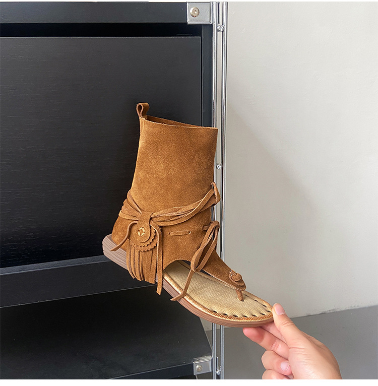 Dép sandal xỏ ngón bohemian đế bệt quai tua rua phong cách La Mã — Màu caramel, màu kaki chi tiết 22