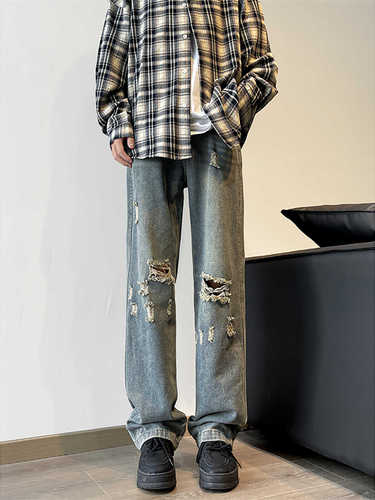 Retro personality holey frayed denim pants for men, thin, loose wide-leg distressed floor-length individual straight-leg pants