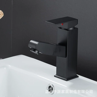 不锈钢卫生间黑色烤漆亮光抽拉面盆水龙头冷热水洗脸方形抽拉龙头