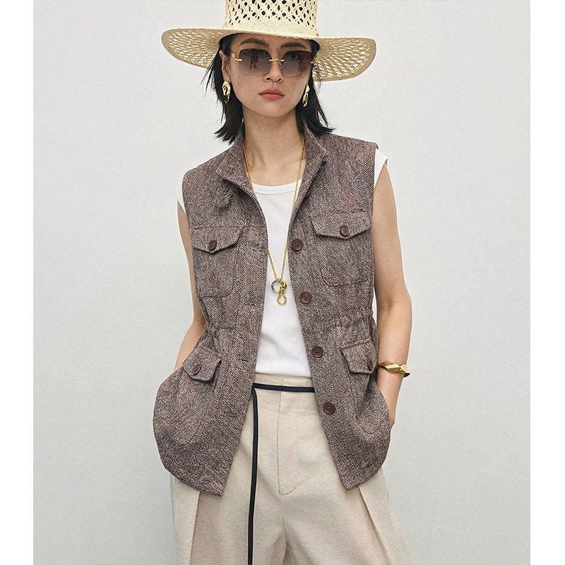 2026 Spring New Old Money Style Stand Collar Sleeveless Jacket for Women, Brown High-End Waist-Cinching Fashionable Vest Top