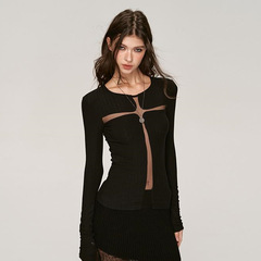 2024韓版辣妹設計秋冬新款十字架鏤空上衣性感顯瘦收腰長袖打底衫