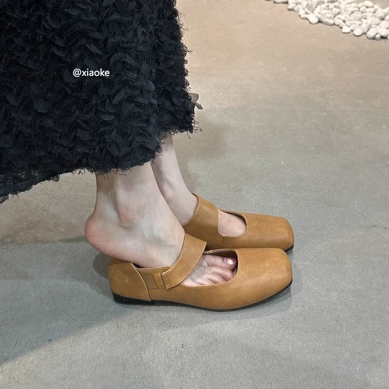Zapatos individuales Mary Jane retro francés de cabeza cuadrada, suave de una palabra con temperamento plano, brisa nocturna, zapatos de cuero de primavera y otoño, zapatos de noche