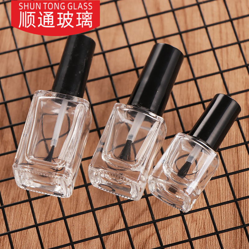 精白料透明玻璃指甲油瓶 带毛刷扁方形10m化妆品分装瓶可印制logo