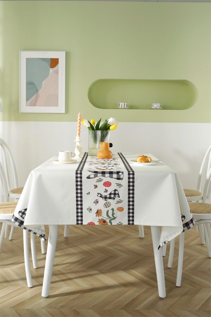 Tovaglia da caffè impermeabile in poliestere con stampa a quadri pasquali, coniglietti e fiori primaverili. Copertura per tavolo da pranzo_voghion.com