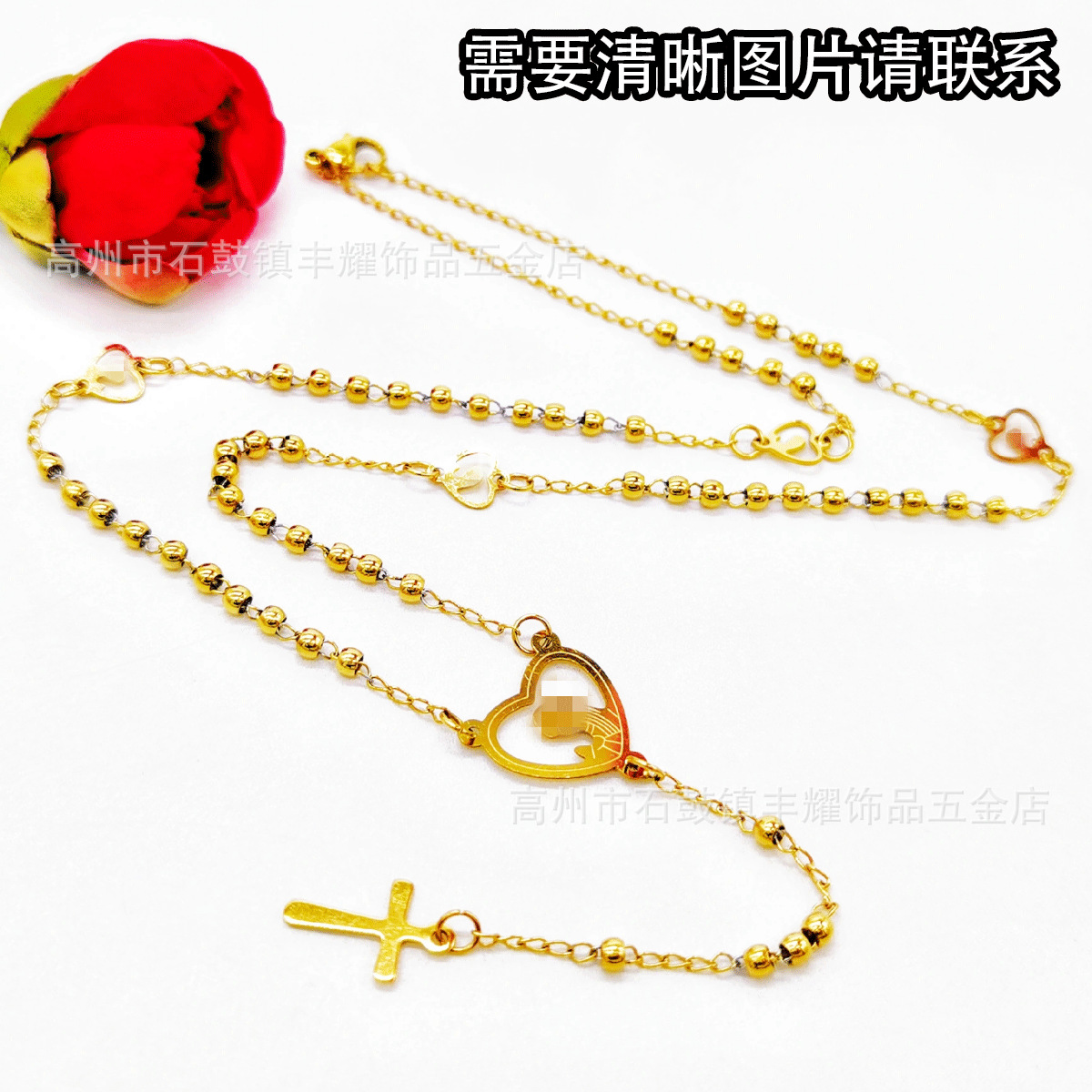 (3M acessorios en forma de corazón) un collar de 3mm de cuentas de acero inoxidable tallado en la salida de la cruz