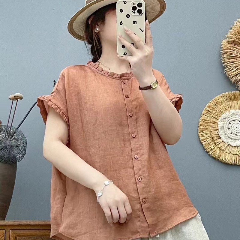 2025 Summer Shirt Pure Ramie Short-Sleeved Loose Casual Korean Style Thin Flying Sleeve Design Short-Sleeved Shirt