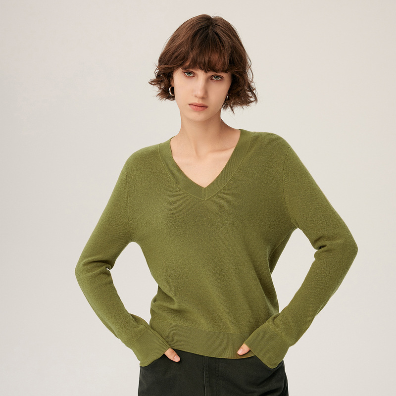 Autumn and Winter Thin V-Neck Loose One-Line Ready-To-Wear German Yangtze Yarn 100% Wool Knitted Women's Long-Sleeved Bottoming Shirt for Women