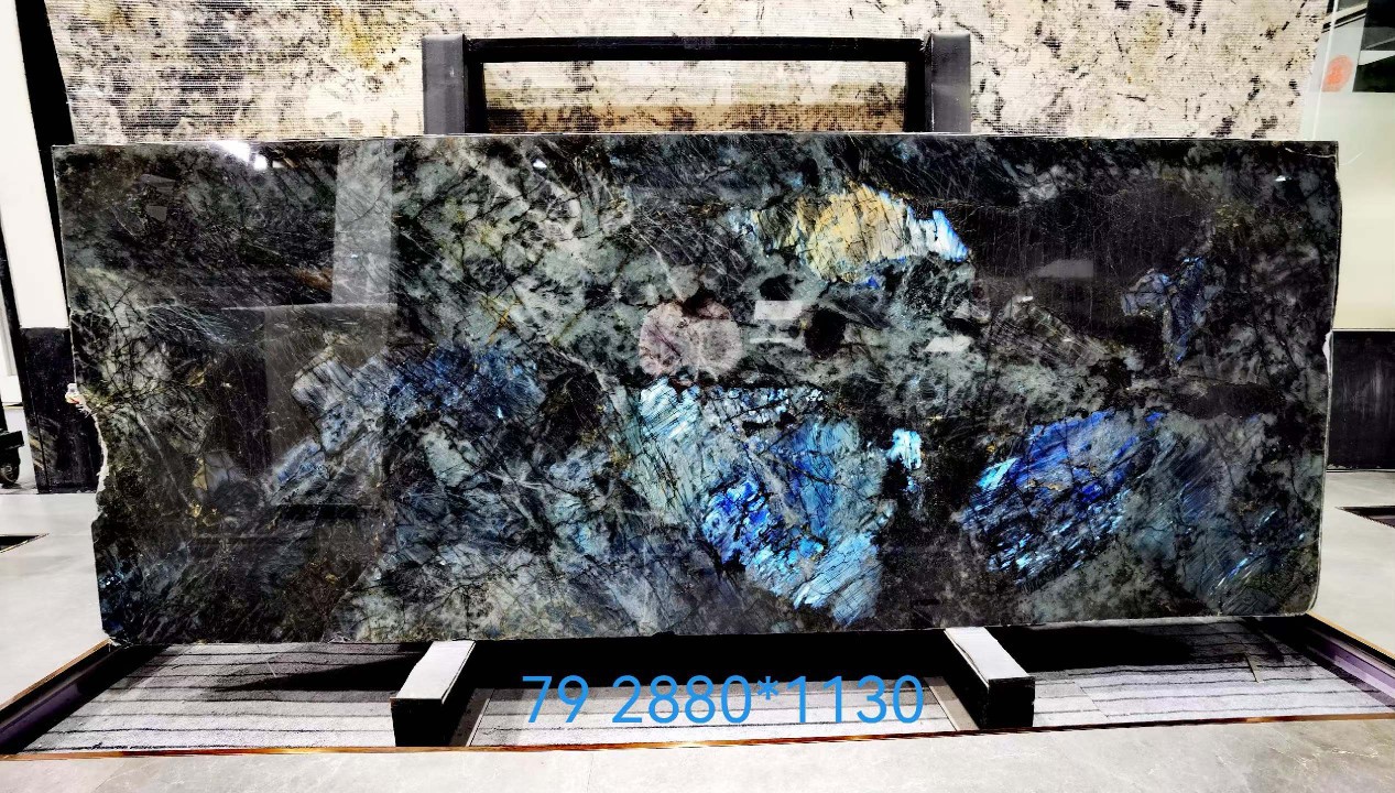 天然蓝翡翠奢石板 轻奢大理石餐桌圆桌蓝色奢石茶几台面意式