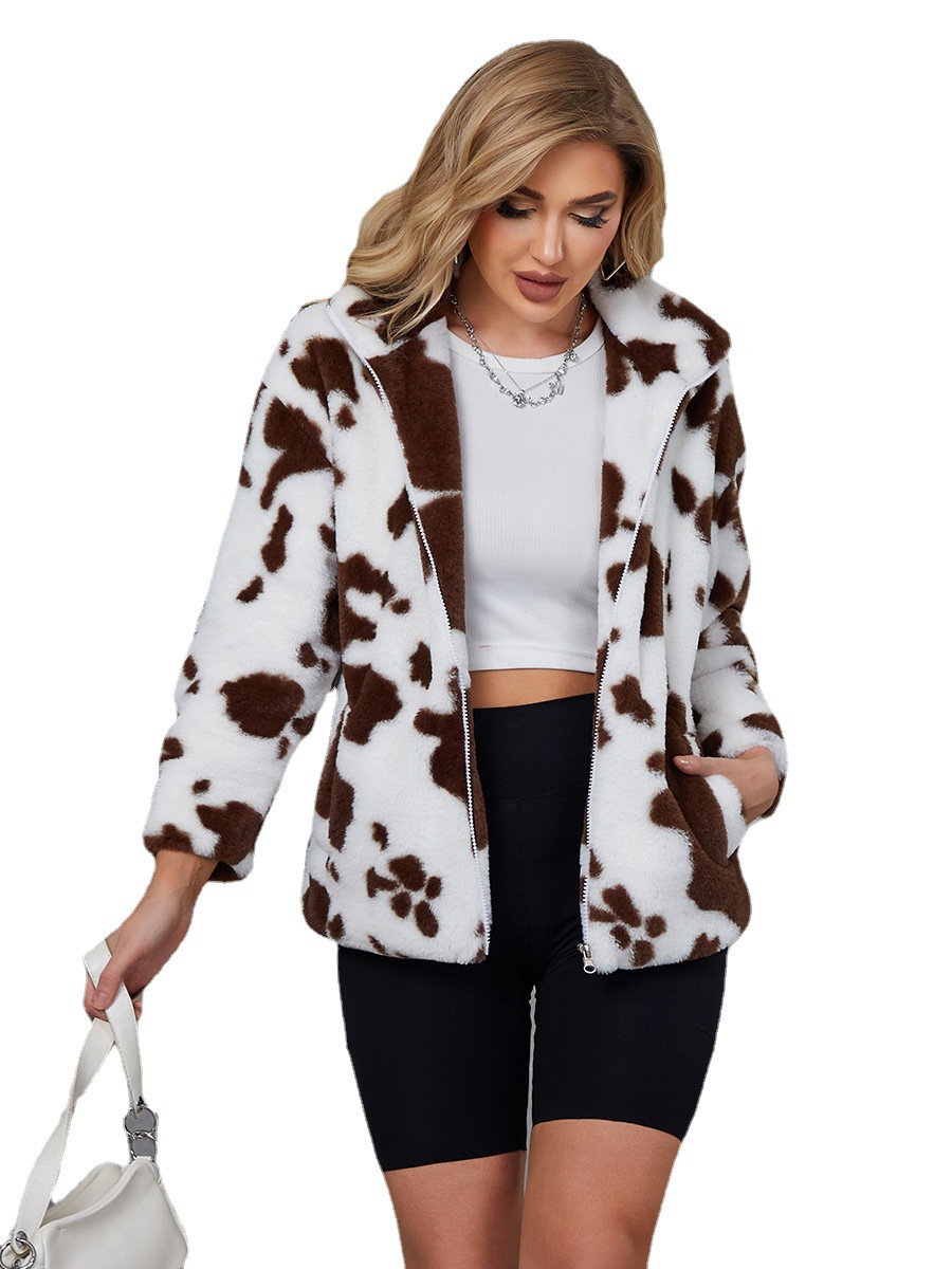 Women's cow print black and white women's jacket loose rabbit fur coat_voghion.com
