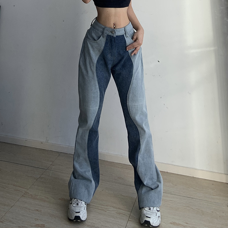 Stitching Loose High Waist Straight Contrast Color Jeans NSKAJ116865