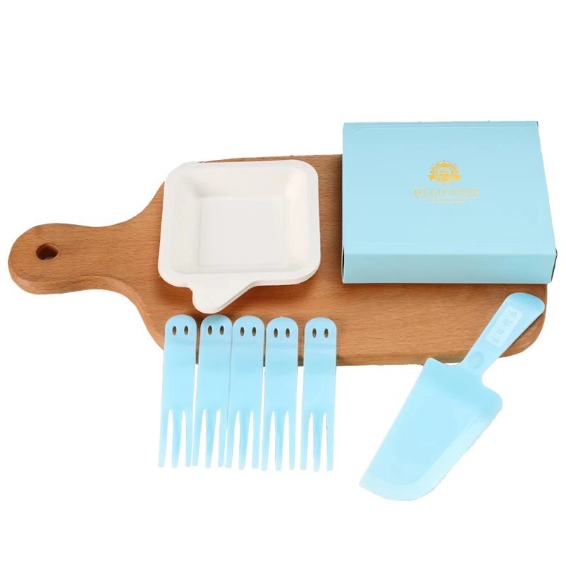 21-Invitado pastel vajilla cuchillo y tenedor placa traje cumpleaños desechable pastel cuchillo y tenedor Placa de papel 5-Persona caja de color