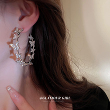 银针蝴蝶拼接圆形镶钻耳圈韩国夸张设计感耳环甜美个性气质耳饰女