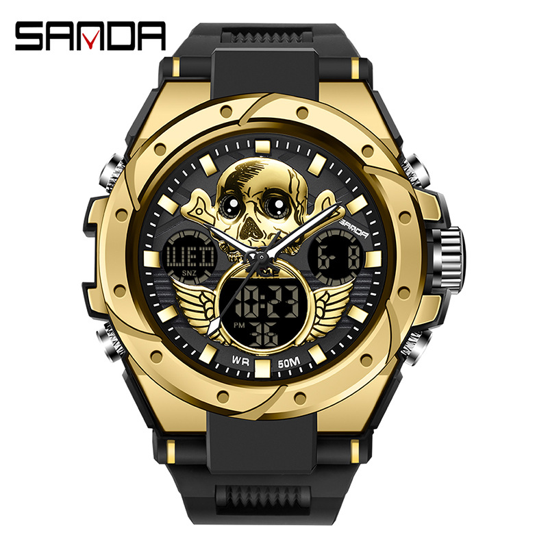 Sanda 6087 reloj electrónico multifunción luminoso impermeable fresco cráneo alas hombres reloj de moda