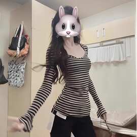 【原版面料】V领条纹长袖t恤女秋季修身显辣妹紧身收腰内搭上衣