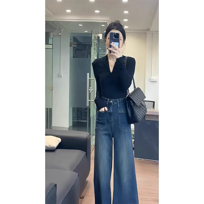 法式高级感黑色正肩V领长袖T恤女早秋季气质通勤百搭褶皱收腰上衣|undefined