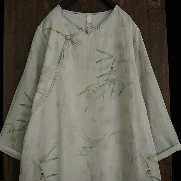 Spring and Summer New Ramie Print New Chinoiserie Bamboo Bird Retro Buckle Round Neck Oblique Placket Double Layer Dress 181130