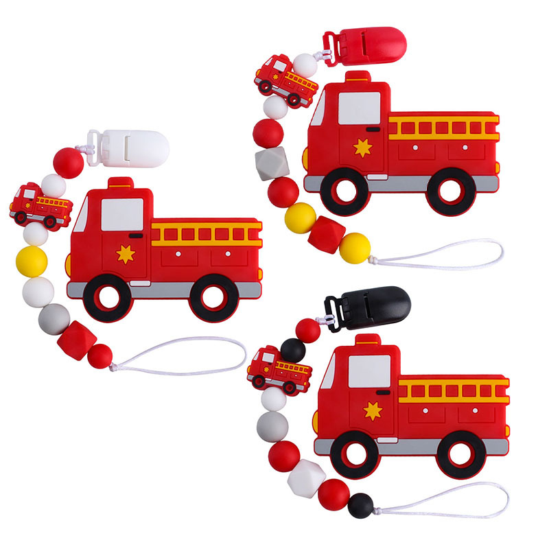 Suministros de bebé plástico clip duckbill camión bomberos juguete mordedor bebé calmante silicona chupete cadena dientes
