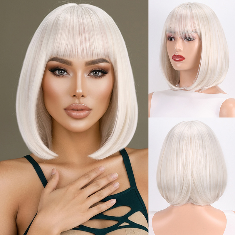 European and American Lace Front Wig Bobo Style White Short Hair Wig High-Temperature Fiber Middle Part Inward Curl Short Straight Hair Wholesale
