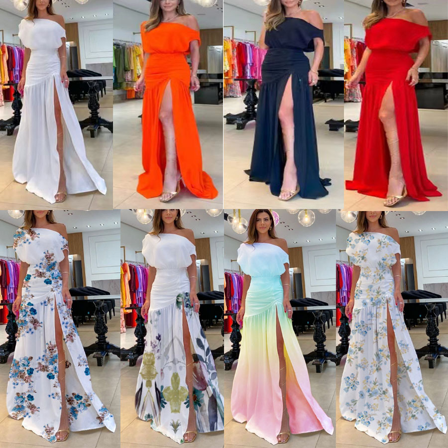 Women's Slit Dress Elegant Sexy Oblique Collar Printing Sleeveless Printing Gradient Color Solid Color Maxi Long Dress Banquet display picture 1