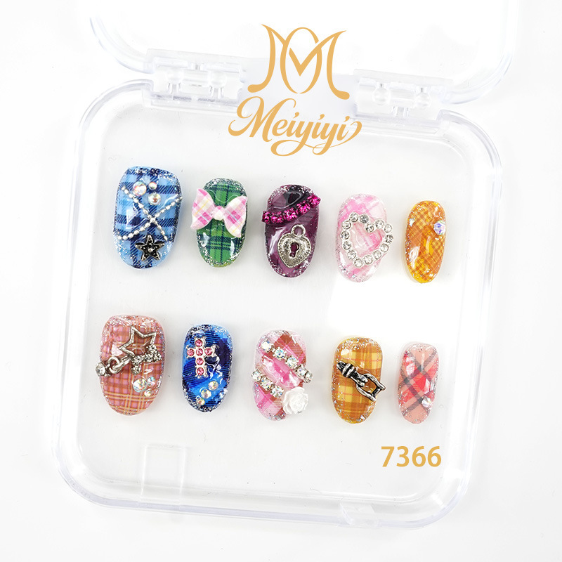 7366【Meiyiyi Original】Millennial Hot Girl Style Neon Plaid Purely Handmade Retro Artistic Wearable Nails