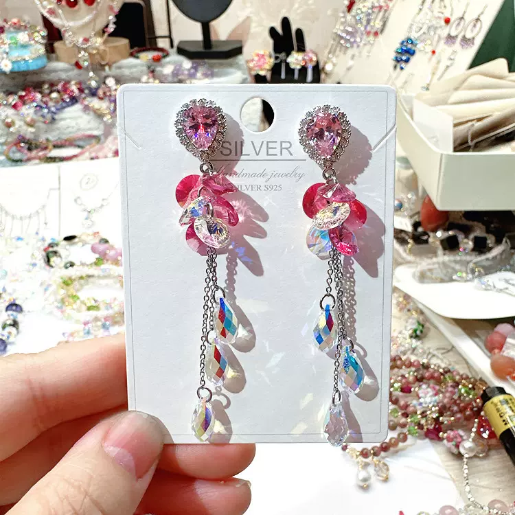 厂家直供长款流苏耳环渐变粉水滴耳环 新娘饰品奢华长款925纯银