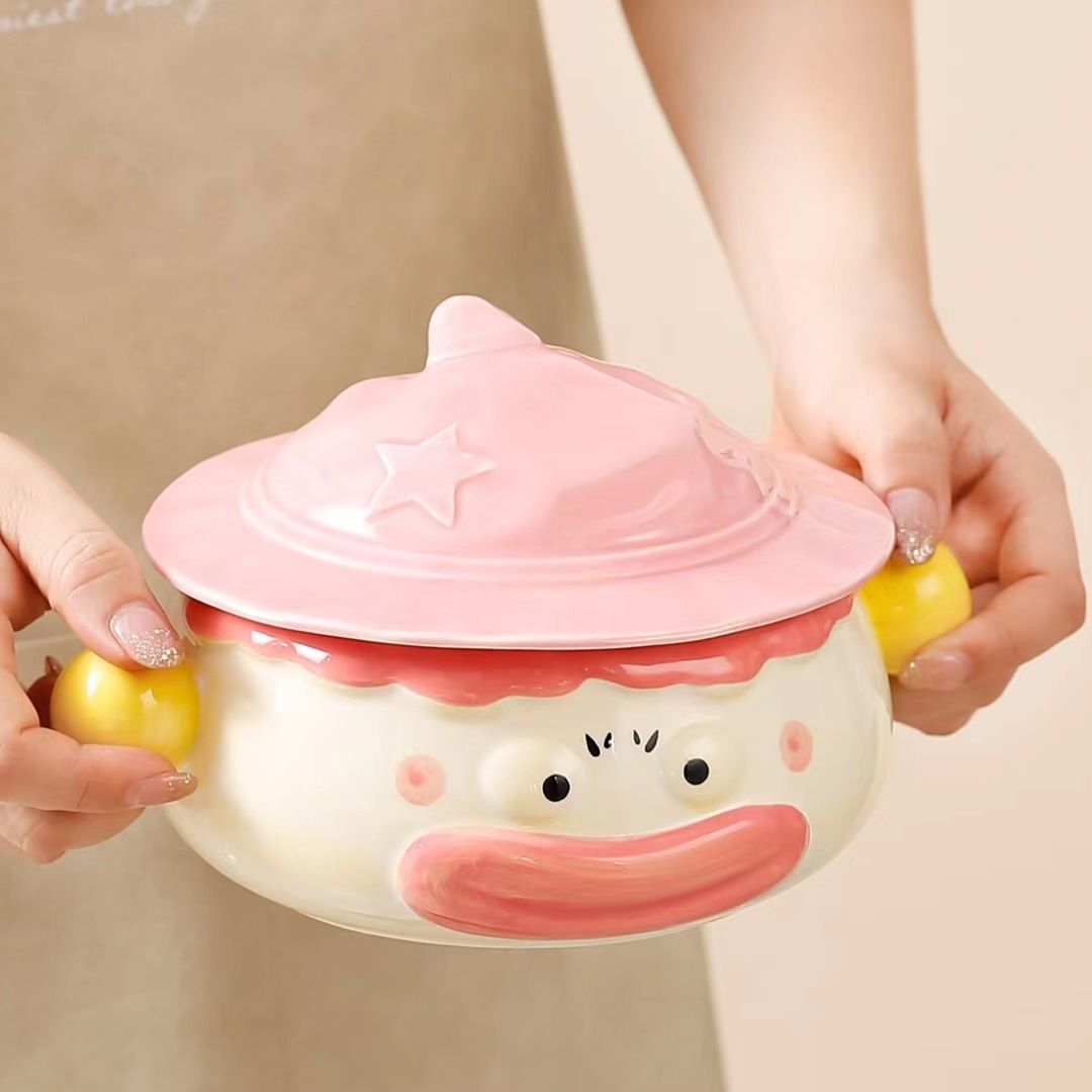 Personalidad creativa payaso de cerámica tazón de fideos instantáneos pintado a mano alivio hogar tazón de sopa con tapa lindo Internet celebridad ensalada tazón image 2