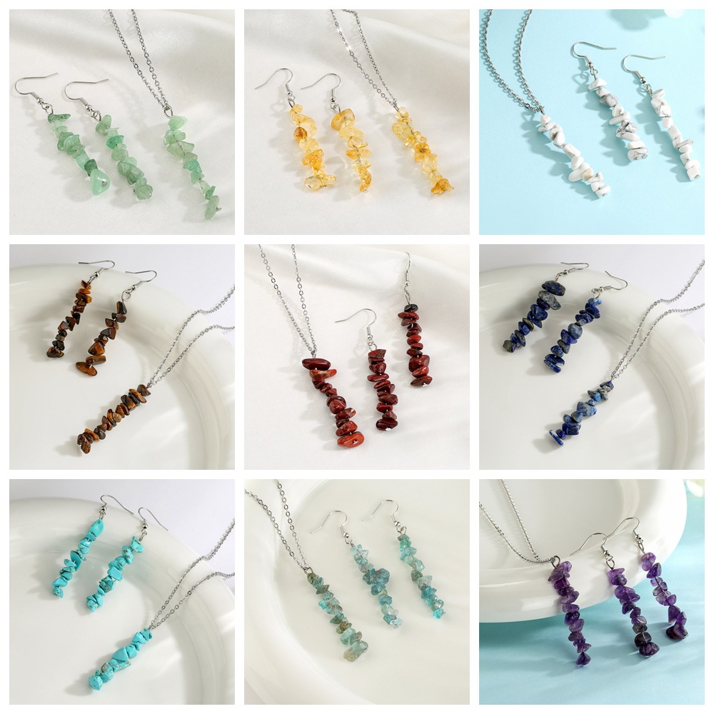 Amazon transfronterizo natural ágata grava pendientes collar traje hecho a mano con cuentas grava amatista Ojo de Tigre joyería