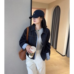 泽黛佳伊高品质拼接格纹小个子短款天丝翻领牛仔衬衫外套女2025秋