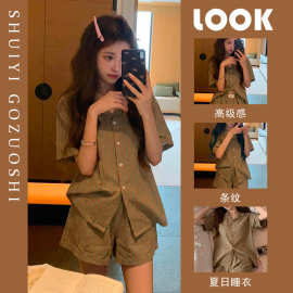 ins高级感条纹睡衣女夏季新款短袖短裤家居服大码可外穿套装夏天