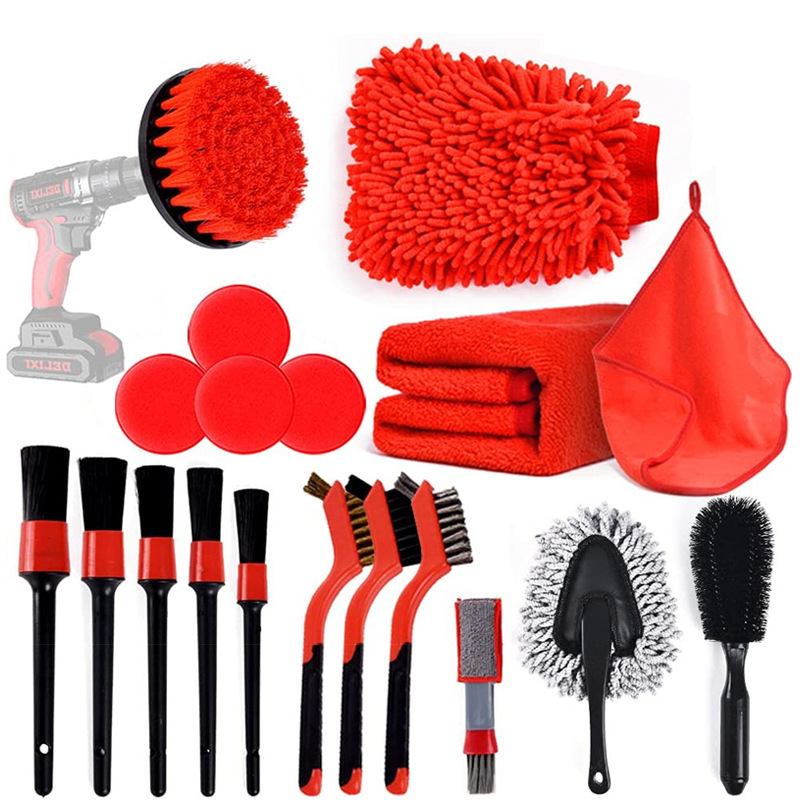 跨境热卖19件套汽车清洁刷电钻刷打浪海绵洗车手套可啶制清洁工具