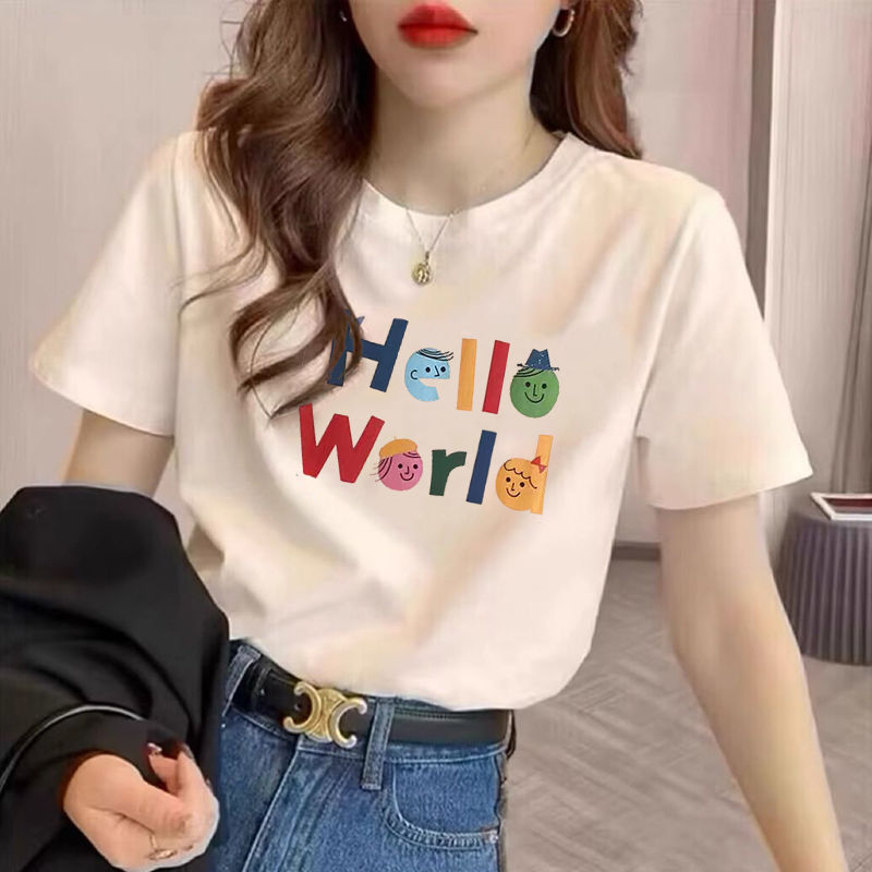 European-Style Apricot-Colored Regular Shoulder Round-Neck Short-Sleeve T-Shirt for Women, 2025 Summer New Fashion Loose Cartoon Print Half-Sleeve Top