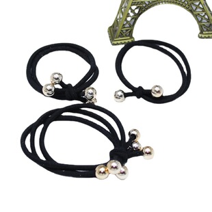 Korean version of two-in-one double knotted hair ring 4 gold beads round beads rubber bands high elastic black hair rope wholesale