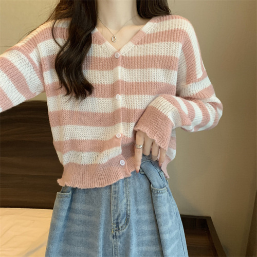 Korean chic autumn small-town lazy style V-neck loose single-breasted buttonhole sheer transparent long-sleeved short-knit sweater for women