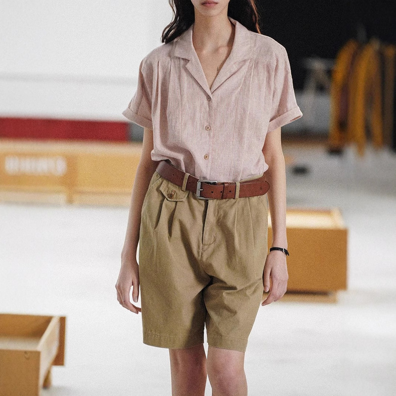 CycleDocument High Density Organic Cotton Shoulder Curled Sleeve Cuban Collar Striped Short Sleeve Shirt for Women