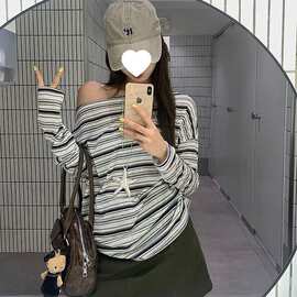 韩系黑色条纹长袖巨好看新品罩衫女夏宽松斜肩慵懒薄款恤上衣无袖