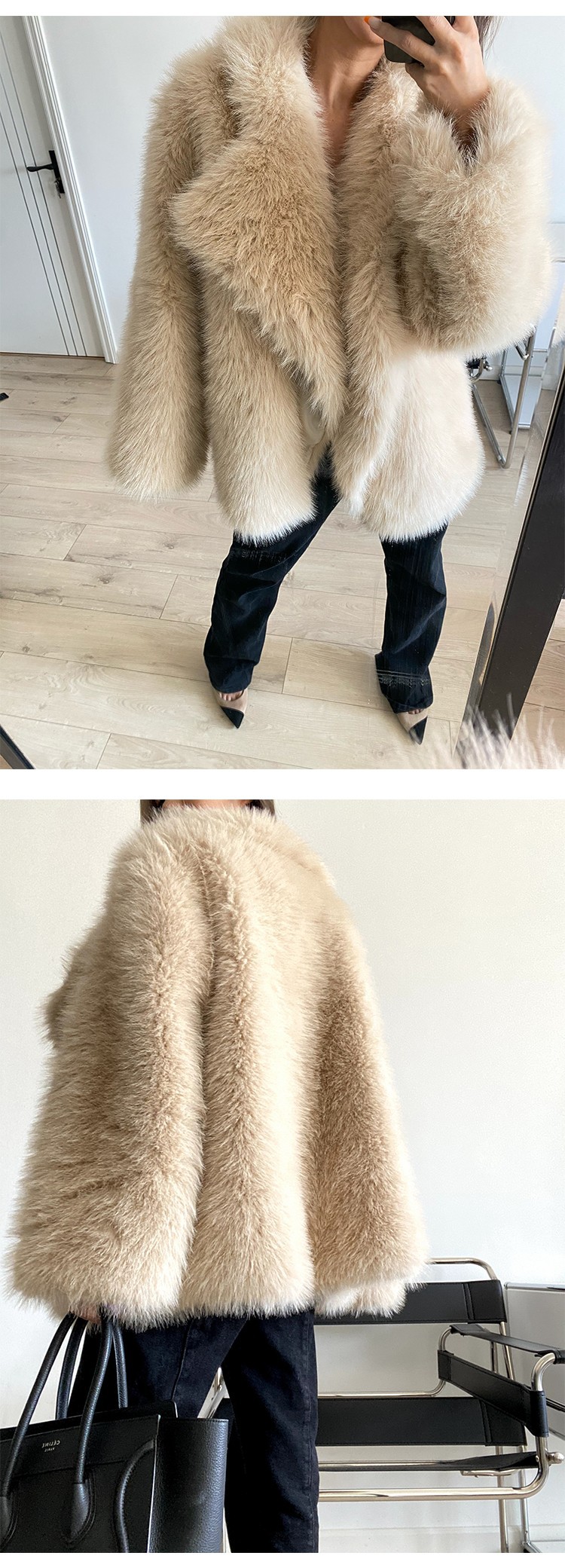 Dames imitatiebont jas met reverskraag halflang wintermodel_voghion.com