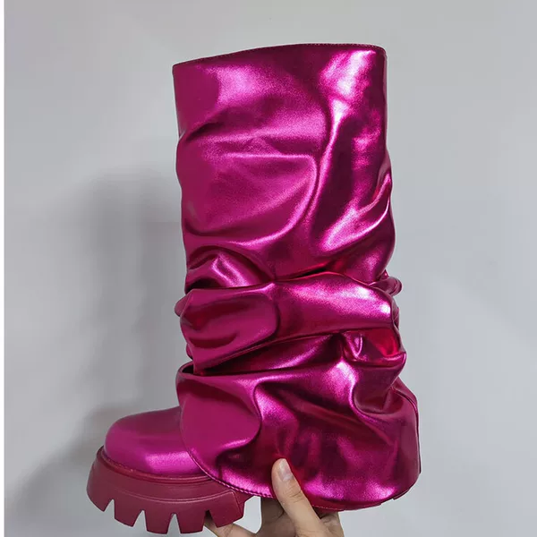 2024 Foreign Trade Cross-border New Round Head Thick Bottom Molded Bottom Pleated plus size Fashion Show Women's Boots