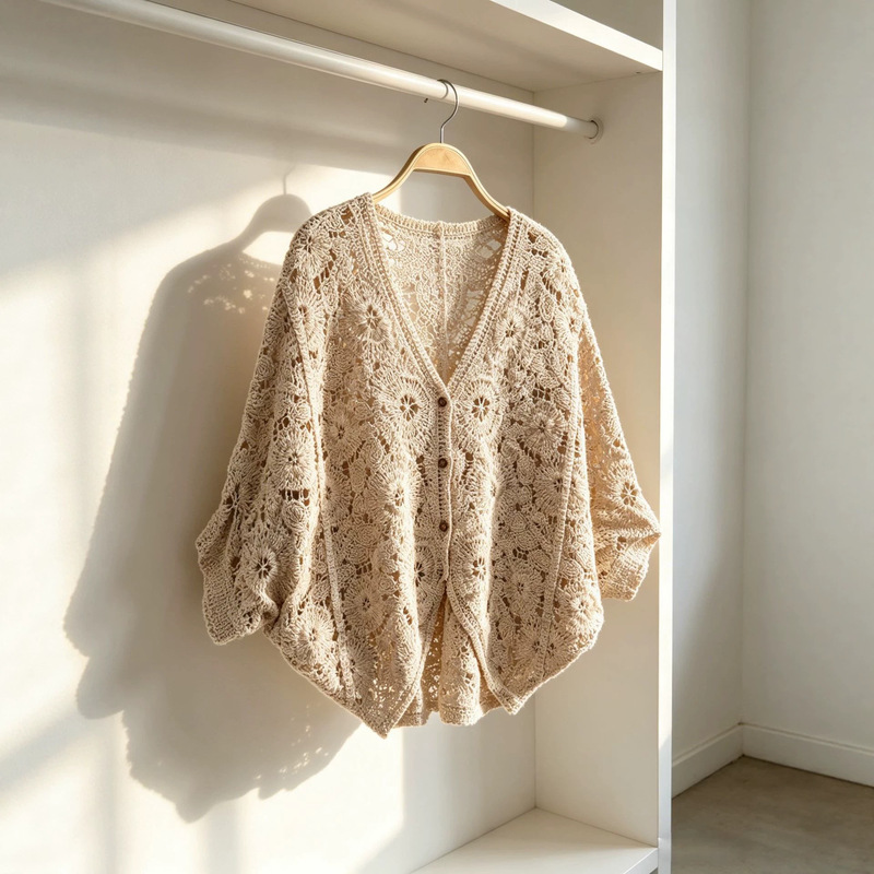 Bohemian Style Lace-Up Crochet Hollow-Out Knitted Cardigan Blouse for Women, New Summer Style with a French Flair Bohemian Style Lace-Up Crochet Hollow-Out Knitted Cardigan Blouse for Women, New Summer Style with a French Flair
