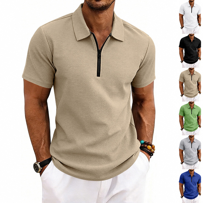Herren-Sommerhemd im amerikanischen Stil, schlichtes Kurzarmhemd mit Golfkragen und Waffelstrick, modisches Oberteil_voghion.com