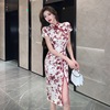 Retro printed split mid length cheongsam