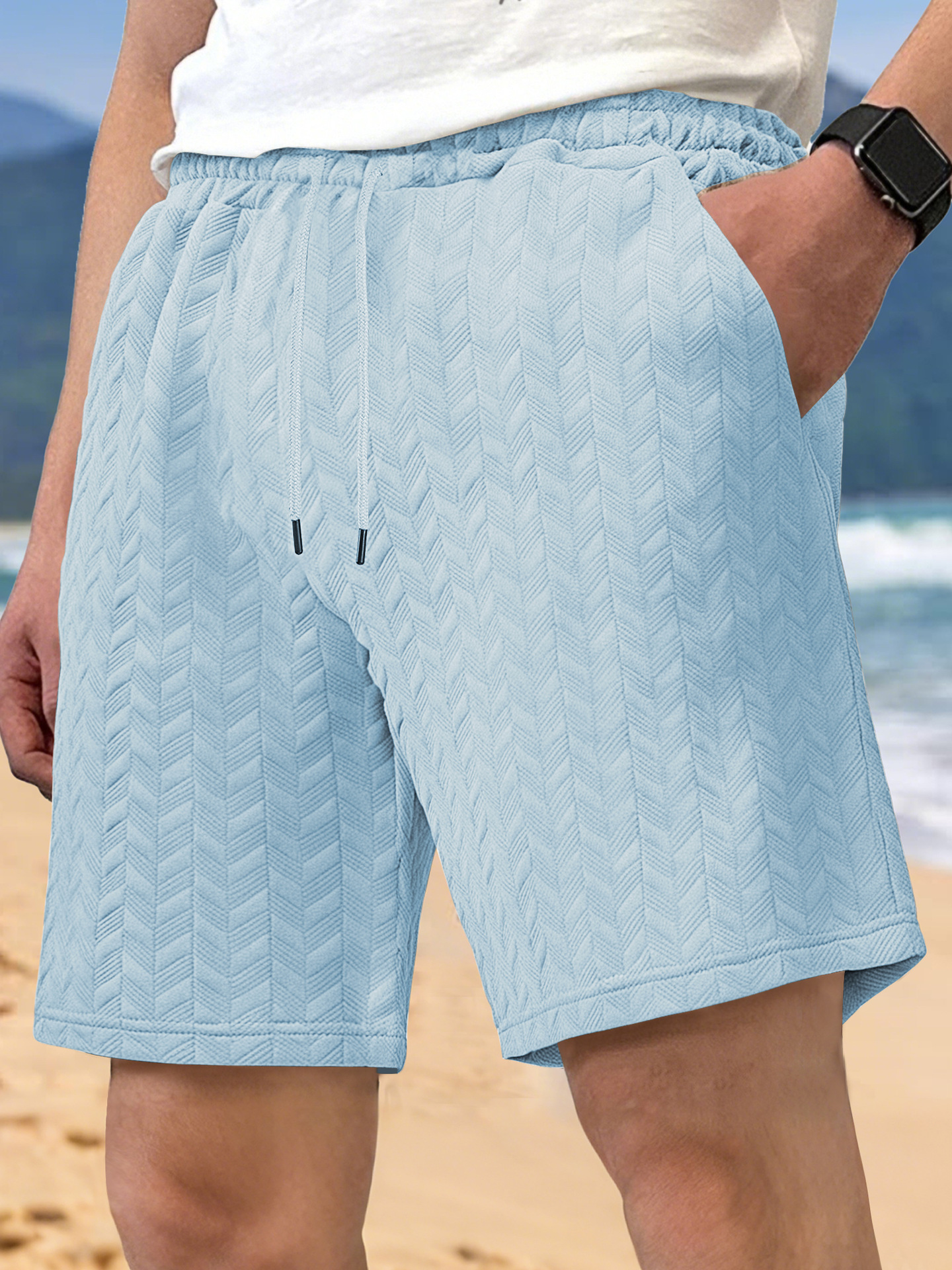 Europa y Estados Unidos ropa de hombre transfronteriza spot verano suelta pantalones cortos de color sólido jacquard correa de hombre casual pantalones cortos de playa