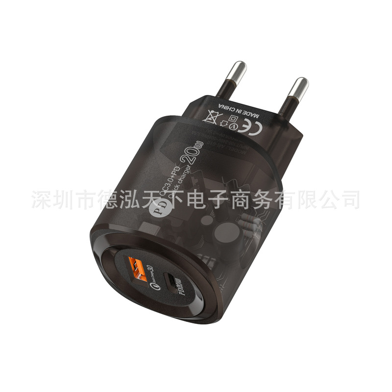 Transparent square PC Shell a + c 1usb + 1pd charger 12W 18W fast charging Wall charging travel charger