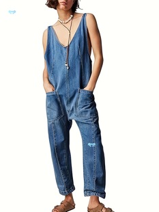 Women's Denim Overalls Jumpsuits Sleeves V Neck Adjustable