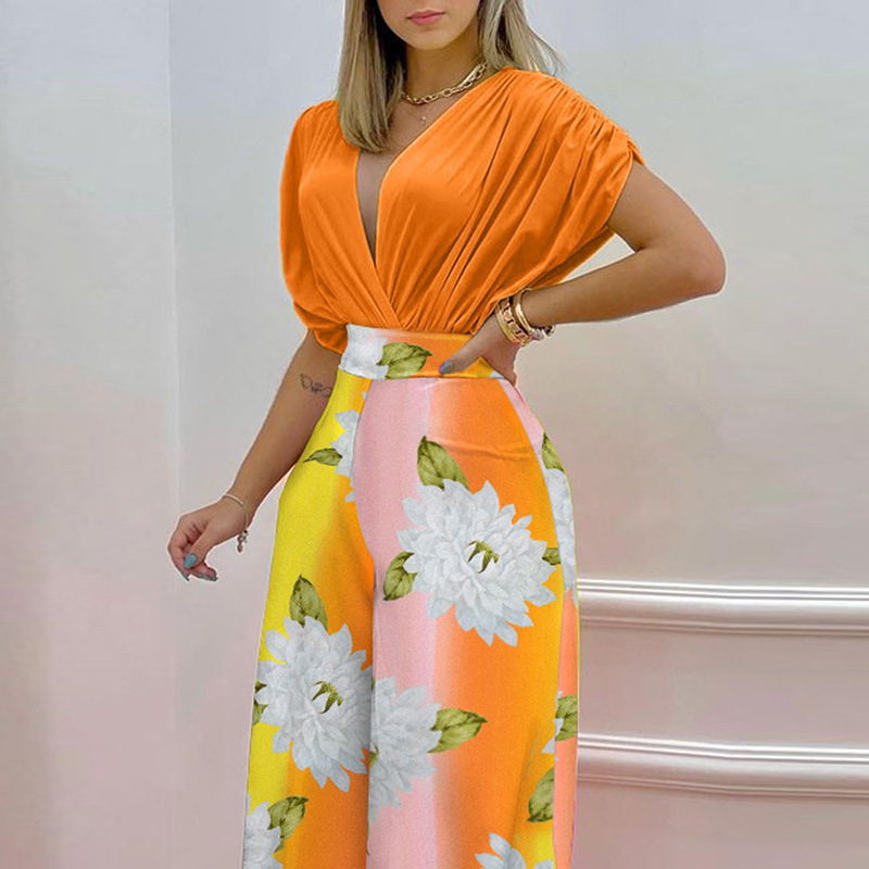 315g Weight Short Sleeve Sleeve Length Daily Women'S Streetwear Color Block Flower Polyester Printing Pant Co-ord Set Pants Sets