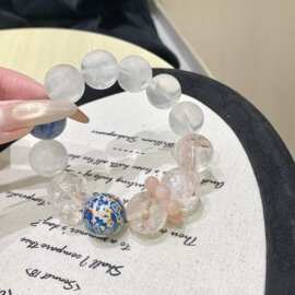 天然水晶粉水晶阿塞手链 原创设计双冰透碎花时尚 白幽灵水晶手串