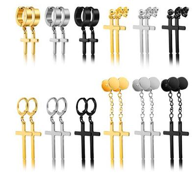 亚马逊不锈钢耳钉耳环十字架耳扣耳线耳圈耳饰耳钉套装T54