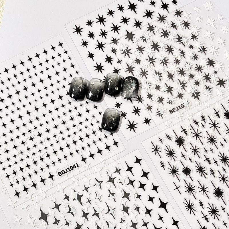 Black and White Starburst Nail Stickers with a Light Luxury and High-End Feel, Tassel Six-Pointed Star, Versatile Four-Pointed Star Nail Decoration Stickers Black and White Starburst Nail Stickers with a Light Luxury and High-End Feel, Tassel Six-Pointed Star, Versatile Four-Pointed Star Nail Decoration Stickers