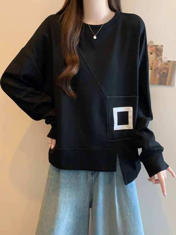 高级感欧货黑色正肩长袖卫衣女2025早秋季新款大码胖mm不规则上衣|undefined