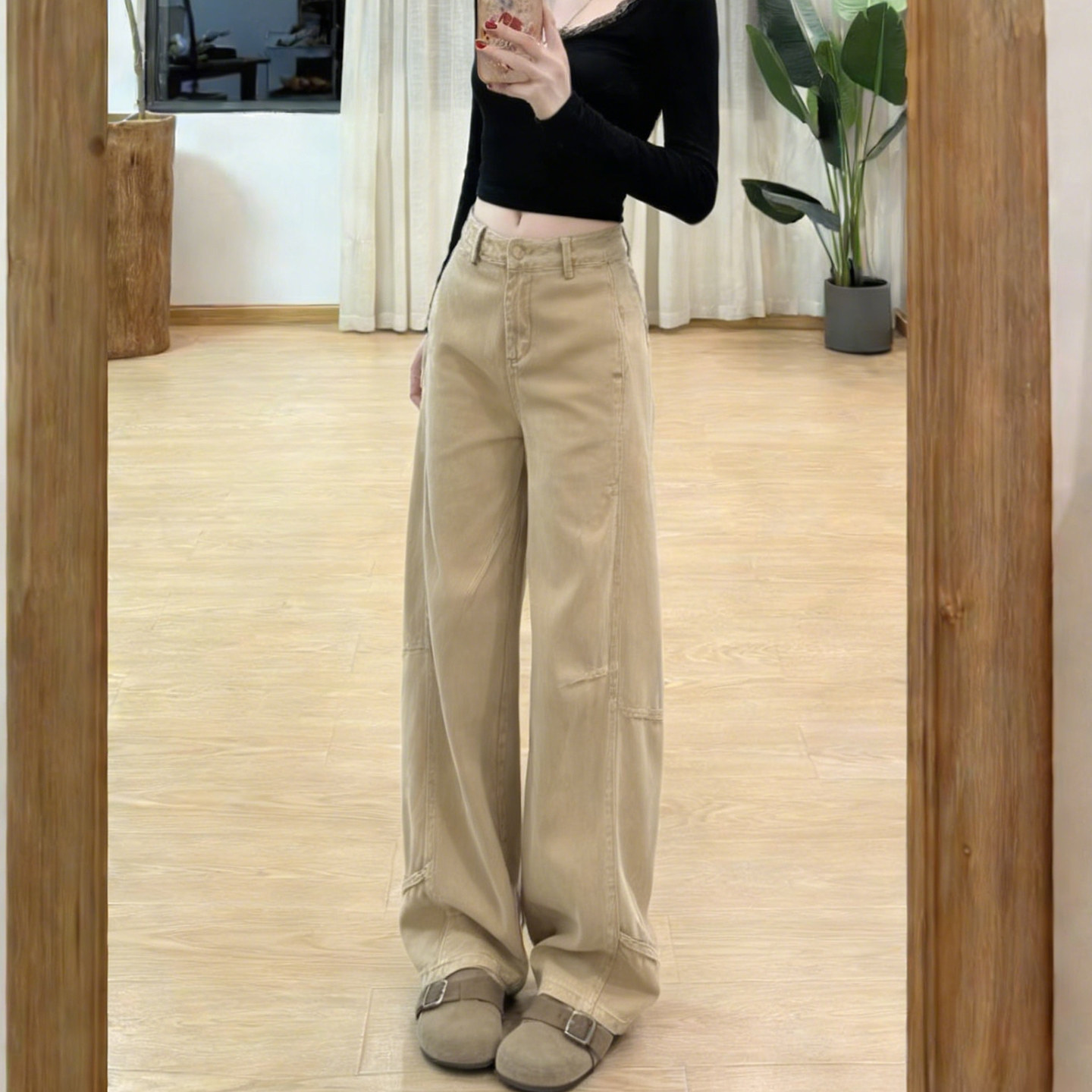 Quần jean kaki nữ ống rộng dáng suông kiểu Mỹ — màu kaki chi tiết 3