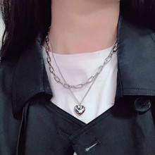欧美跨境饰品 时尚嘻哈长款毛衣链项饰女 简约双层爱心吊坠项链